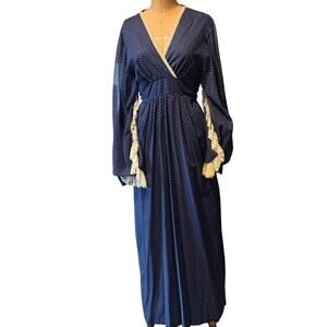 Vtg Womens Prairie/Hostess Maxi Dress Blue White Polka Dots Size 14